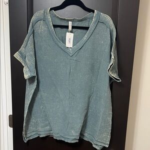 NWT Distressed Jade Green V-Neck Women's Top